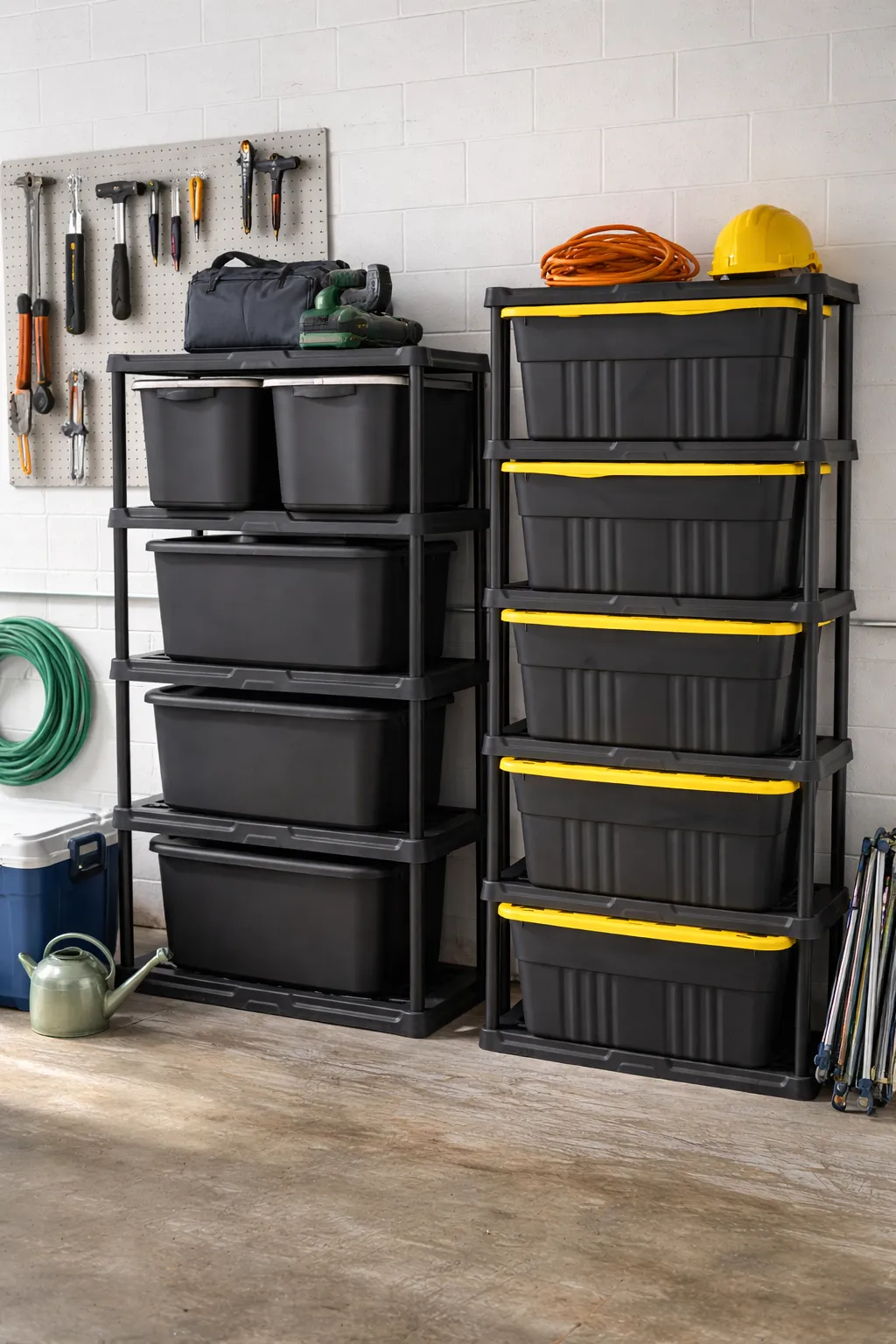 Home garage organization with storage totes and shelving