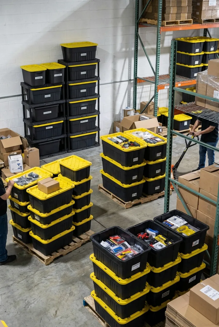 Small business warehouse with stacked storage totes